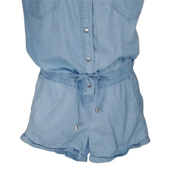 Revamped by Sirens Denim Romper Jumpsuit Blue Cuffed Leg XS - Picture 4 of 8